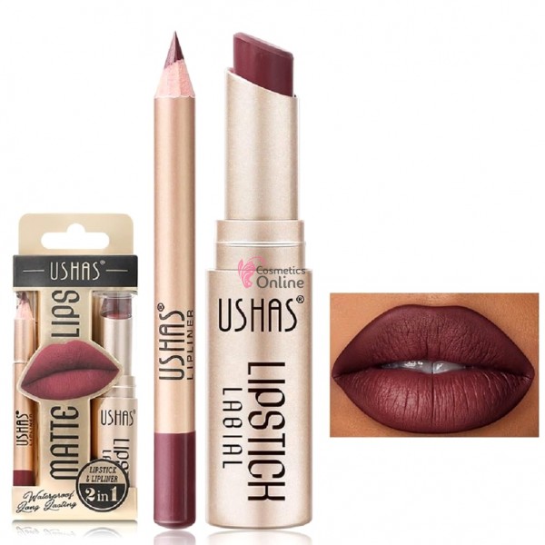 Ruj solid pentru buze 2 in1 USHAS GOLD Long Lasting Matte & LipLiner Cod 01B Merlot